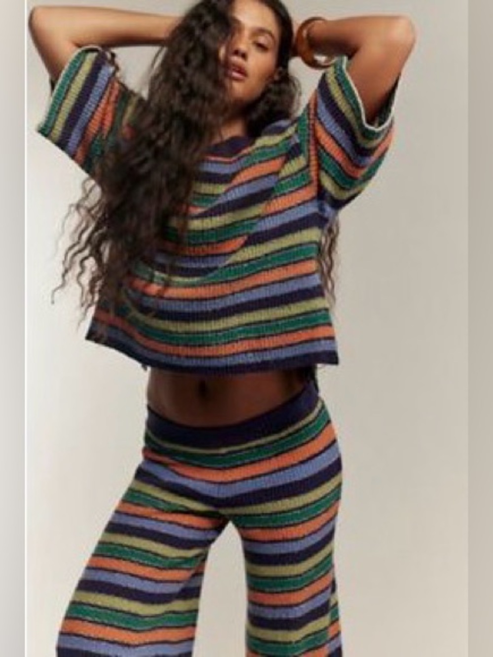 Free People Over the Rainbow Knit Set Navy Combo Sweater Pants L